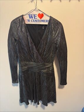 Aidan Mattox Metallic Charcoal Long-Sleeve Wrap Dress